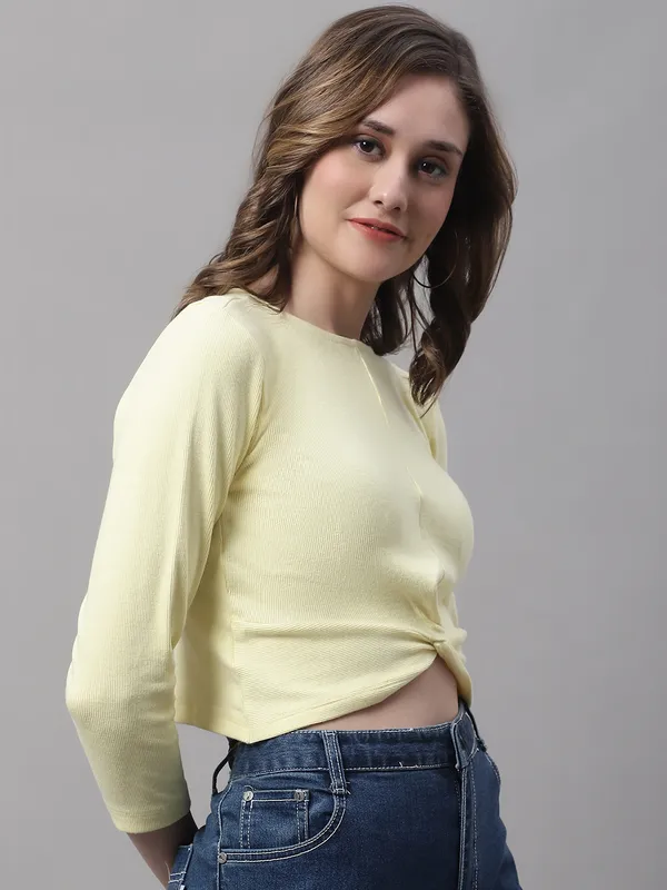 Yellow_Cotton_Rib_Round_Neck_Knot_Top_For_Women