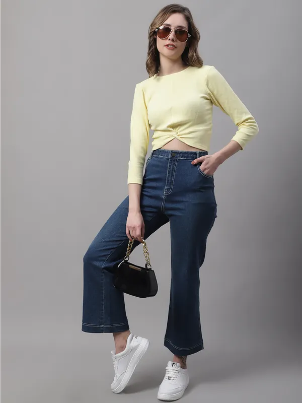 Yellow_Cotton_Rib_Round_Neck_Knot_Top_For_Women