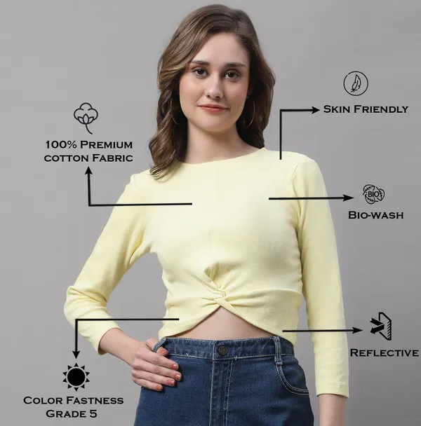 Yellow_Cotton_Rib_Round_Neck_Knot_Top_For_Women