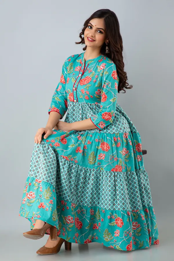 Turquoise_Women's_Cotton_Floral_Printed_Anarkali_Kurta