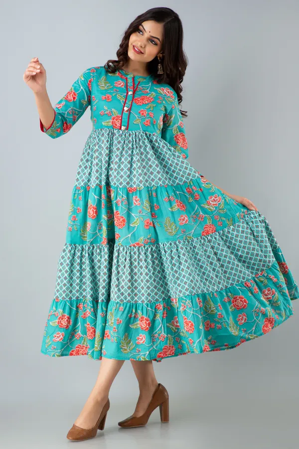 Turquoise_Women's_Cotton_Floral_Printed_Anarkali_Kurta