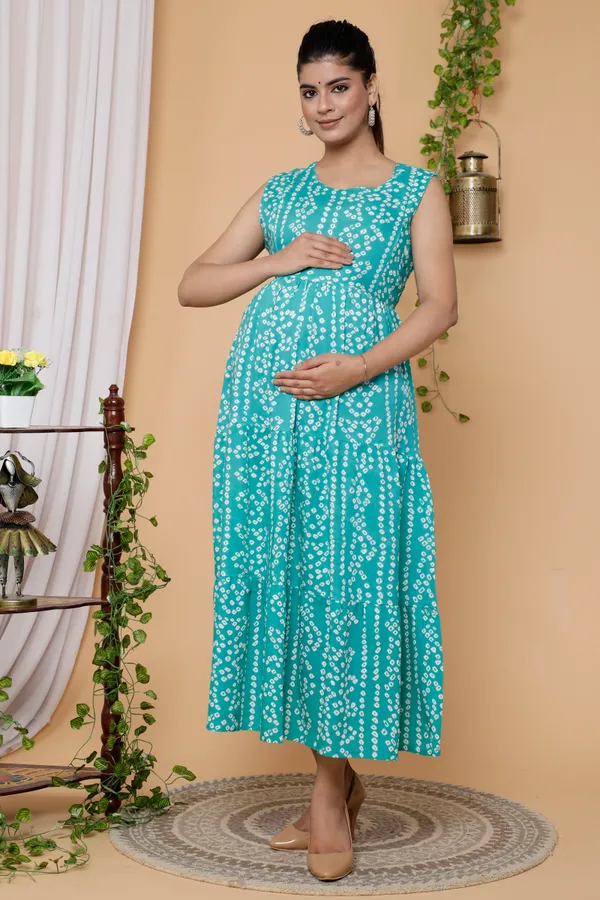 Maternity_Wear_Turquoise_Bandhej_Print_Anarkali_Anarkali_Kurta/Gown_With_Schiffli_Jacket