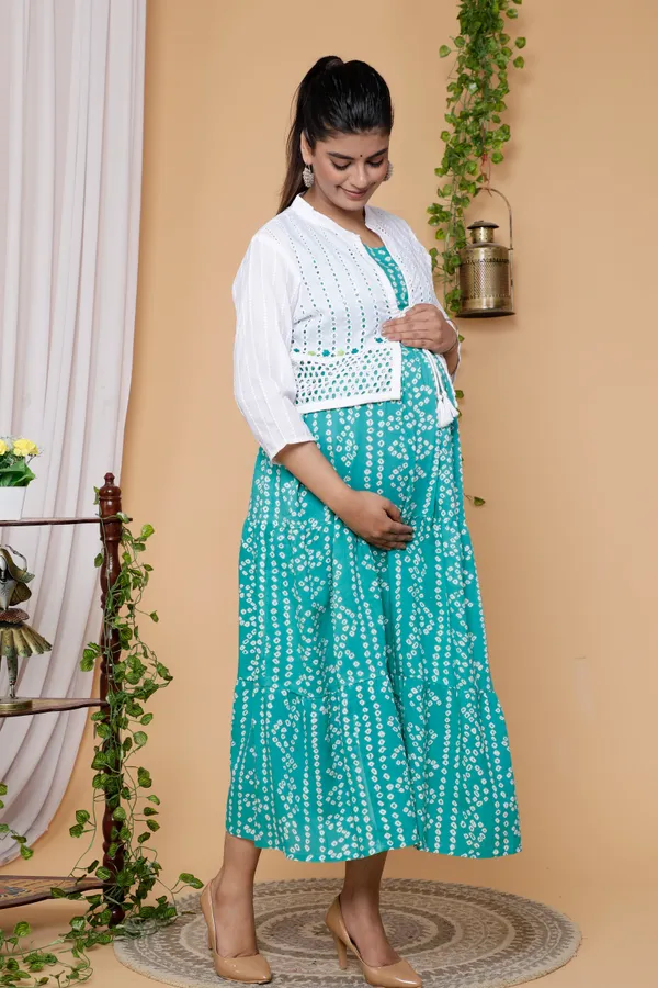 Maternity_Wear_Turquoise_Bandhej_Print_Anarkali_Anarkali_Kurta/Gown_With_Schiffli_Jacket