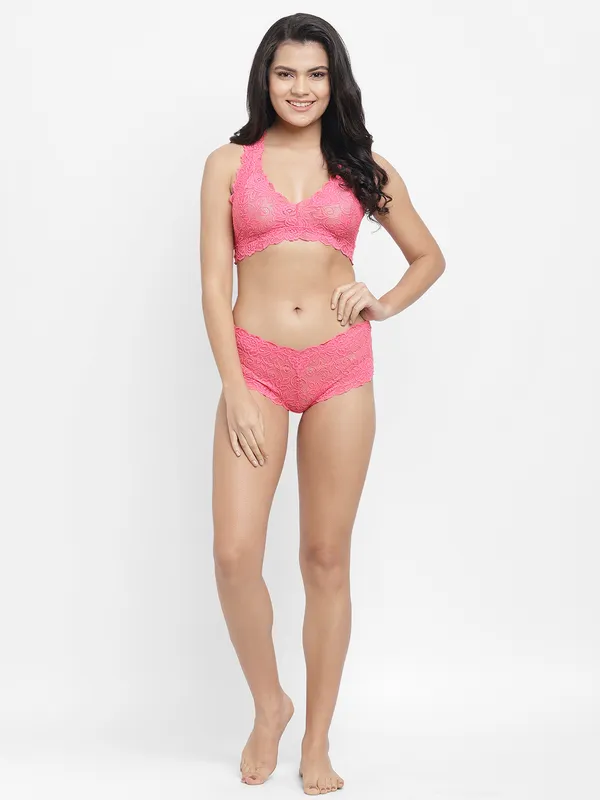Pink_Floral_Lace_Racer_Back_Bra_Underwear_Lingerie_Hipster_Panty_Set_For_Women