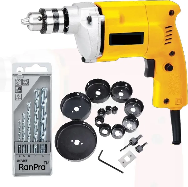 10Mm_Drill_Machine-366_With_5Pcs_Bit_And_16Pcs_Hole_Saw_Set_Hammer_Drill_(10_Mm_Chuck_Size,_650_W)