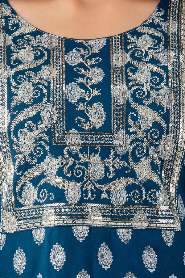Blue_Rayon_Printed_Half_Sleeve_Kurti_&_Pent_Set