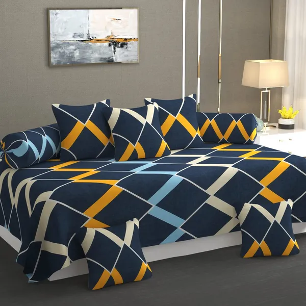 220TC_Microfiber_Unique_Check_Diwan_Set_of_8pcs_-_Single_Flat_Bedsheet_with_2_Bolster_Covers_and_5_Cushion_Covers_-_Blue_Boxes_-_60x90_inches