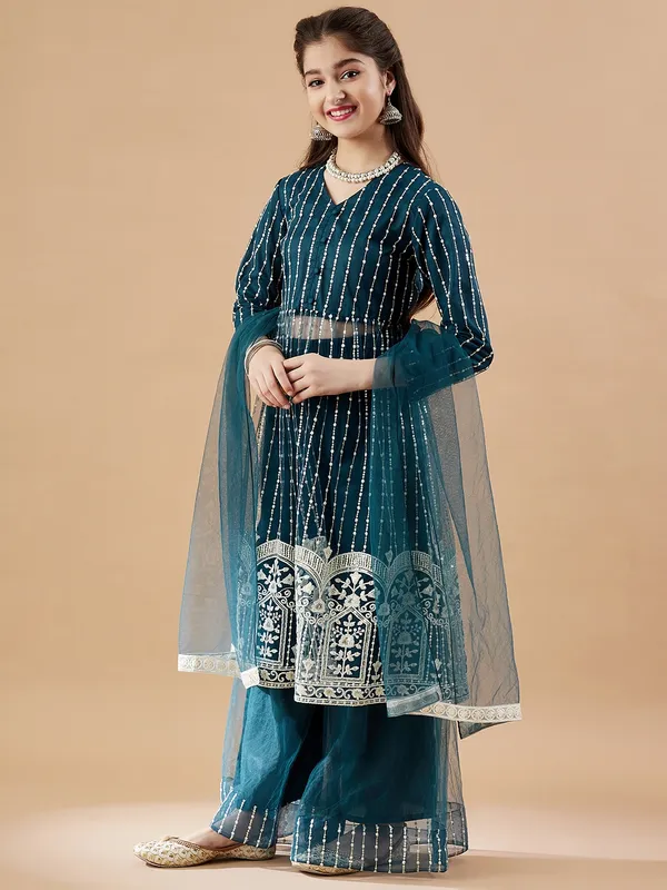 Teal_Kurta_And_Sharara_Set_for_Girls_|_Net_Embroide