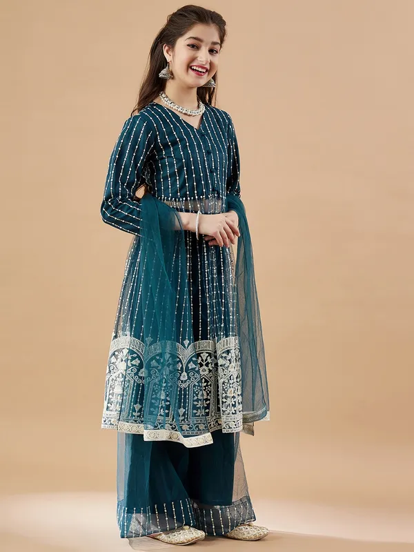 Teal_Kurta_And_Sharara_Set_for_Girls_|_Net_Embroide