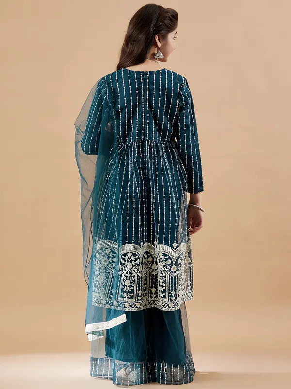 Teal_Kurta_And_Sharara_Set_for_Girls_|_Net_Embroide