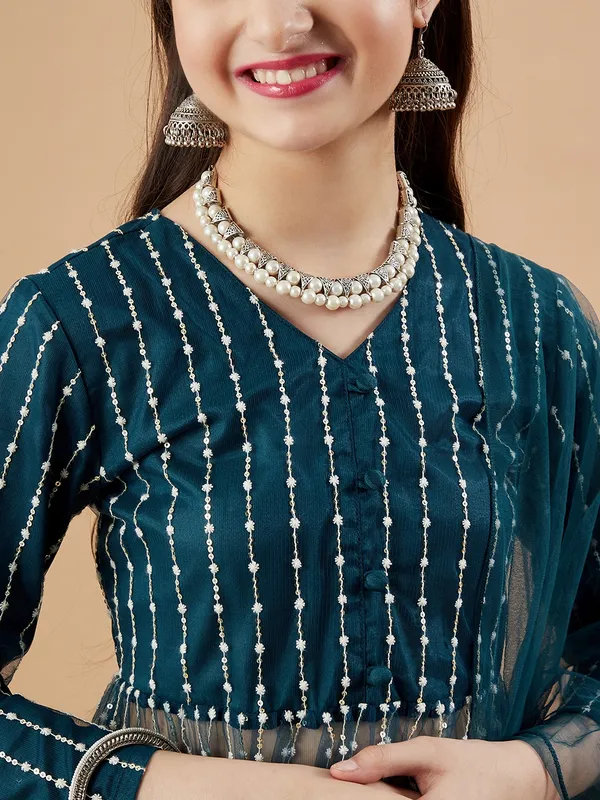 Teal_Kurta_And_Sharara_Set_for_Girls_|_Net_Embroide