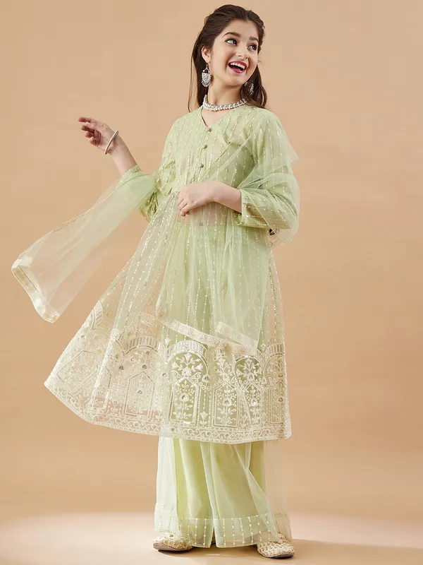 Green__Kurta_And_Sharara_Set_for_Girls_|_Net_Embroide