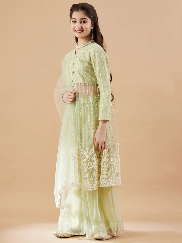 Green__Kurta_And_Sharara_Set_for_Girls_|_Net_Embroide