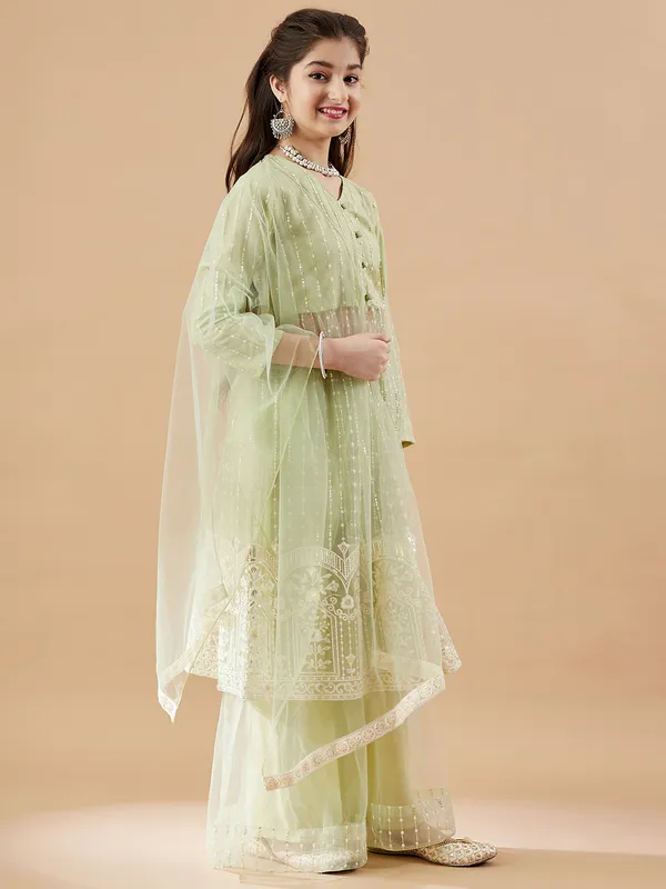 Green__Kurta_And_Sharara_Set_for_Girls_|_Net_Embroide