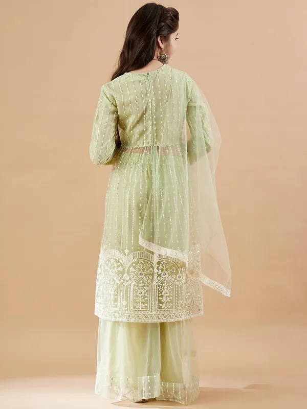Green__Kurta_And_Sharara_Set_for_Girls_|_Net_Embroide