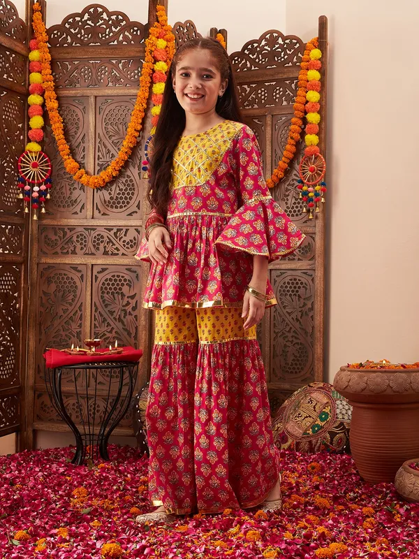 Magenta_Kurta_And_Sharara_Set_for_Girls_|_Yoke_Design