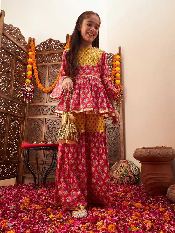 Magenta_Kurta_And_Sharara_Set_for_Girls_|_Yoke_Design