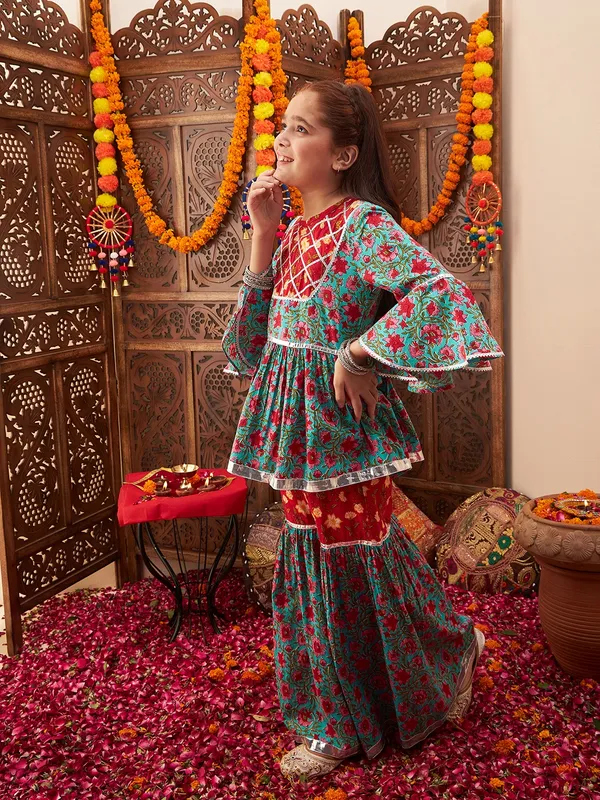 Turquoise_Blue_Kurta_And_Sharara_Set_for_Girls_|_Yoke_Design