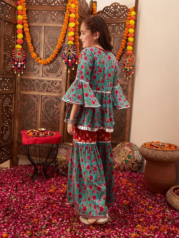 Turquoise_Blue_Kurta_And_Sharara_Set_for_Girls_|_Yoke_Design