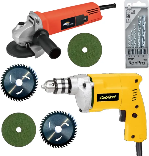 Combo_Of_New_Angle_Grinder_For_Multipe_Use_With_10Mm_Drill_Machine_And_4Useable_Blades_With_5Pcs_Of_Drill_Bits_With_High_Quality_Hammer_Drill_(10_Mm_Chuck_Size,_650_W)