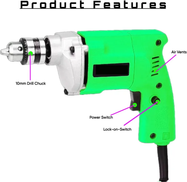 10_Mm_Drill_Machine_With_5_Pcs_Drill_Bit_Heavy_Duty_Pistol_Grip_Drill_(10_Mm_Chuck_Size)