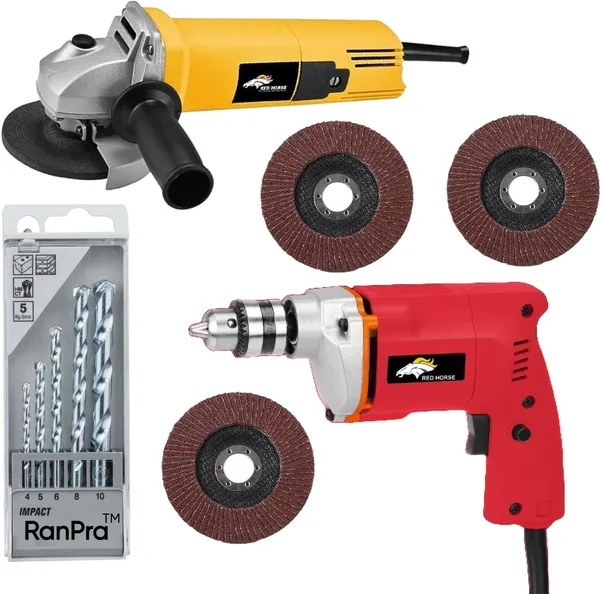 Combo_Of_10Mm_Drill_Machine_With_Angle_Grinder_And_5Pcs_Drill_Bits_With_3Pcs_Flap_Disc_Hammer_Drill_(10_Mm_Chuck_Size,_450_W)
