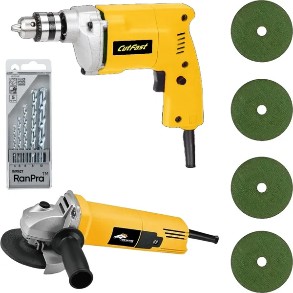 Combo_Of_10Mm_Drill_Machne_With_5Pcs_Drill_Bit_And_4Blades_With_4Inch_Angle_Grinder801_Hammer_Drill_(10_Mm_Chuck_Size,_650_W)