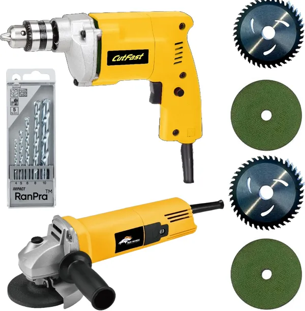 Combo_Of_1Omm_Drill_Machine_With_5Pcs_Drill_Bits_And_4Useable_Blades_And_4Inch_Angle_Grinder_Hammer_Drill_(10_Mm_Chuck_Size,_650_W)