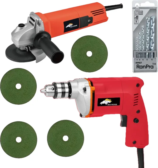 Combo_Of_10Mm_Drill_Machine_With_New_Angle_Grinder_And_5Pcs_Drill_Bits_With_4Cutting_Blades_With_High_Quality_Hammer_Drill_(10_Mm_Chuck_Size,_450_W)