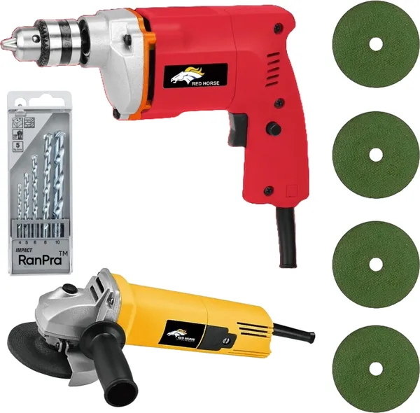 Combo_Of_10Mm_Drill_Machine_366_With_5Pcs_Drill_Bit_And_4_Blades_With_Angle_Grinder_Hammer_Drill_(10_Mm_Chuck_Size,_450_W)