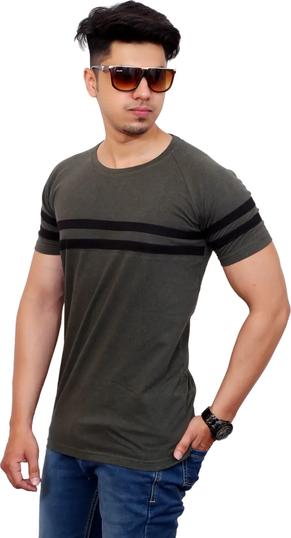 Pack_of_2_Green_&_Black_Cotton_Blend_Self_Design_T-Shirt_For_Men