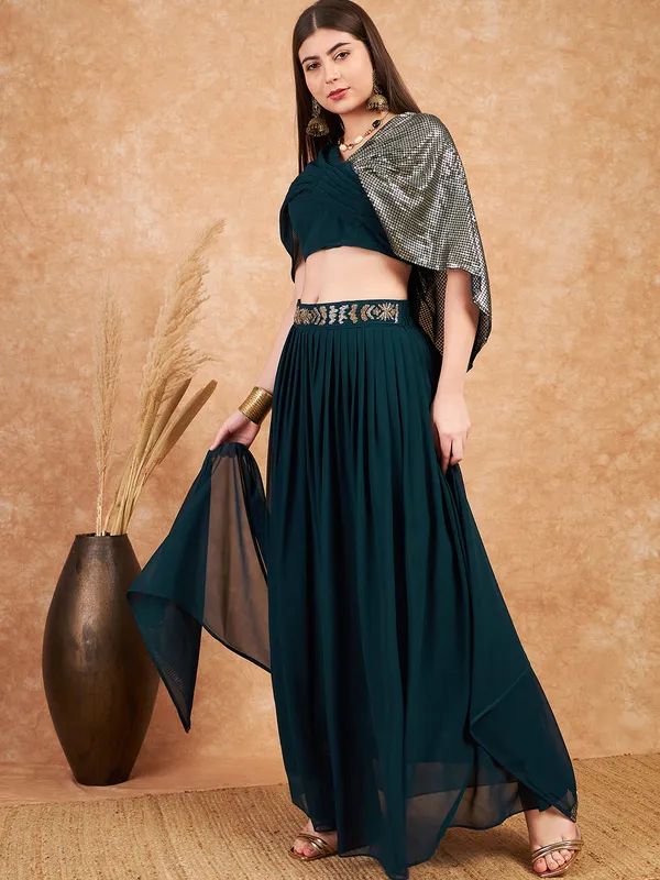Teal_Georgette_Sequence_Embroidered_Flared_Readymade_Lehenga_Choli_With_Dupatta