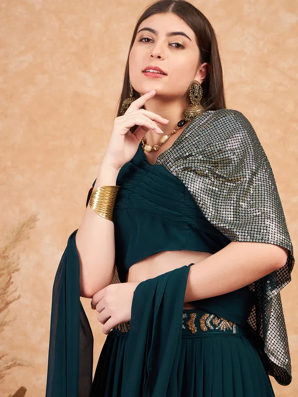 Teal_Georgette_Sequence_Embroidered_Flared_Readymade_Lehenga_Choli_With_Dupatta