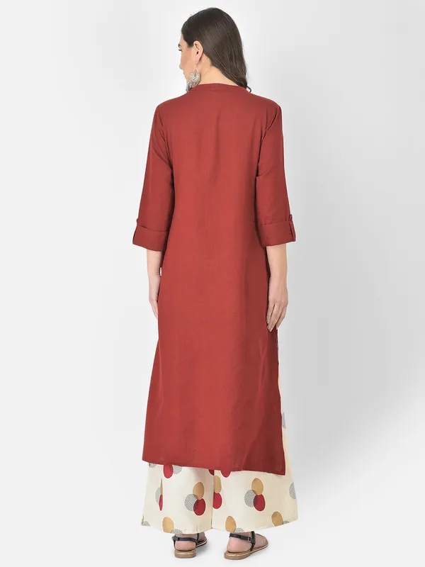 Maroon_Cotton_Solid_Kurta_With_Printed_Flair_Palazzo_Bottom_Set