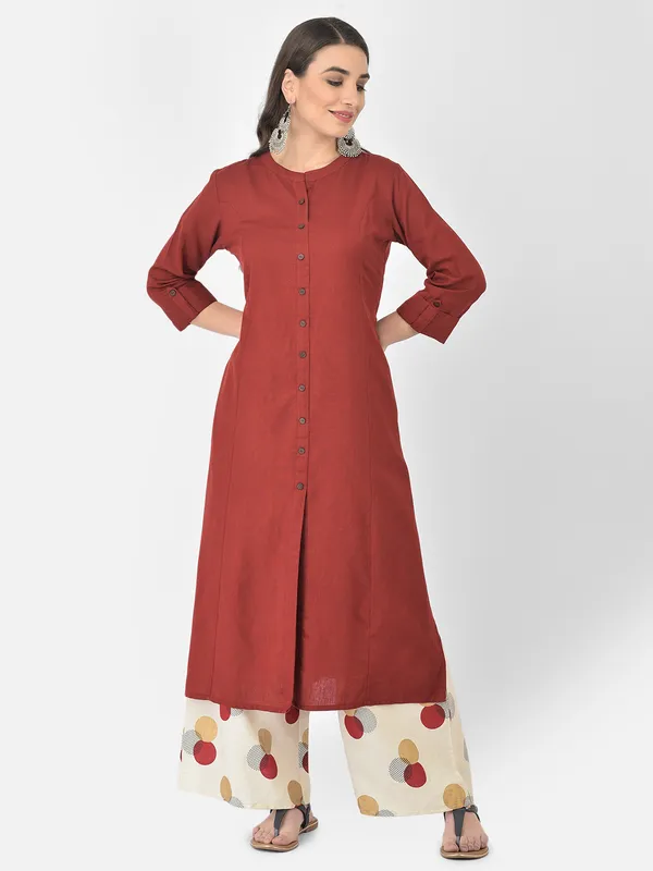 Maroon_Cotton_Solid_Kurta_With_Printed_Flair_Palazzo_Bottom_Set