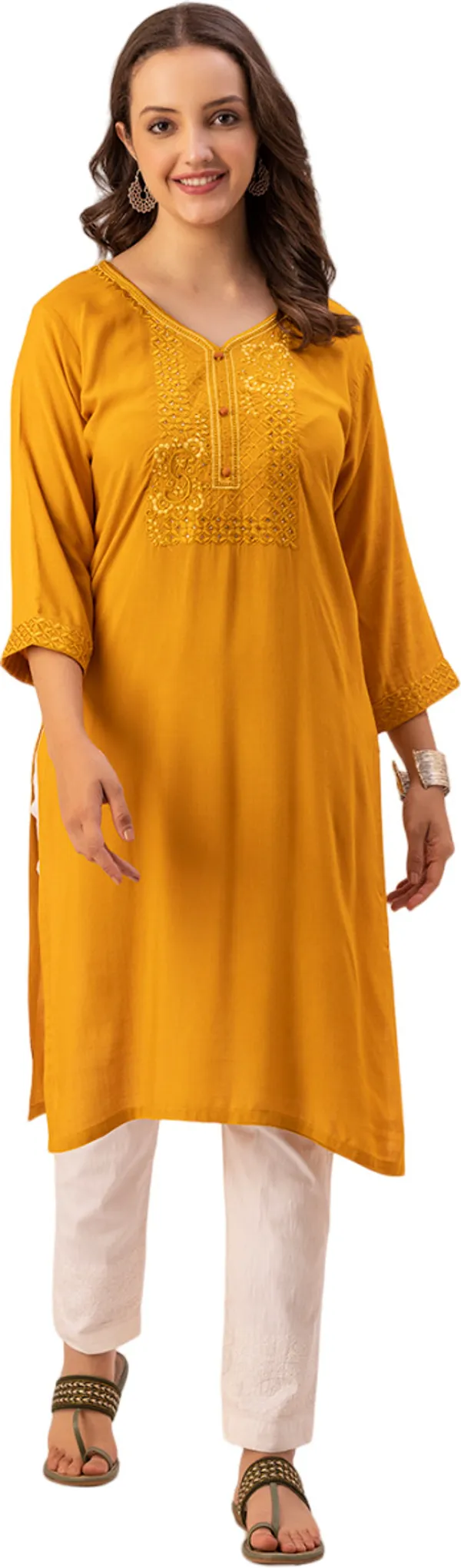 Mustard_Rayon_Slub_Women_Kurta,_Exquisite_Embroidery_&_Crystal_Hand_Work
