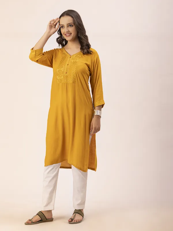 Mustard_Rayon_Slub_Women_Kurta,_Exquisite_Embroidery_&_Crystal_Hand_Work