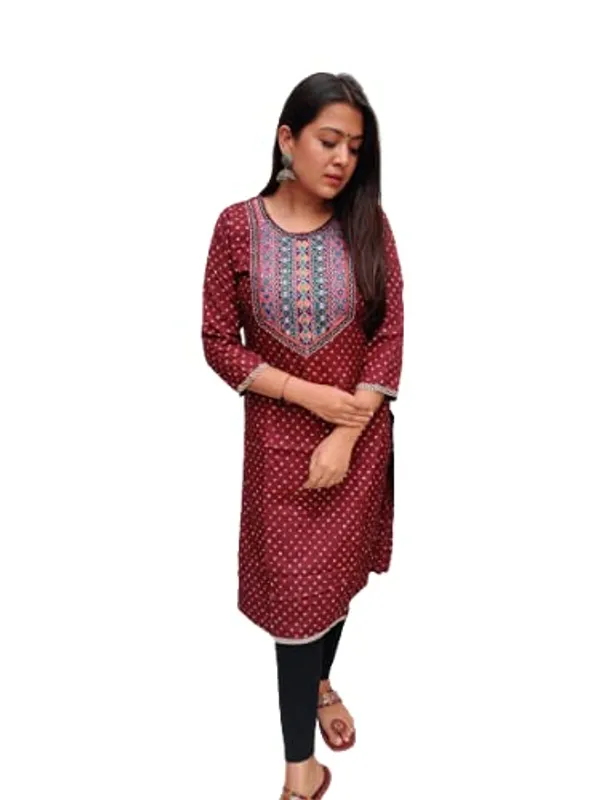Maroon_Premium_Bandhani_Straight_Long_Kurti_For_Women