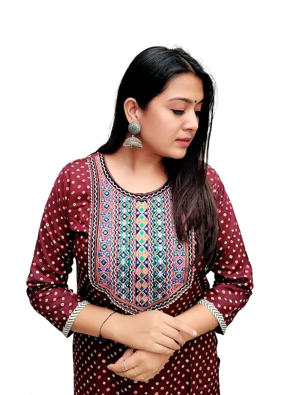 Maroon_Premium_Bandhani_Straight_Long_Kurti_For_Women