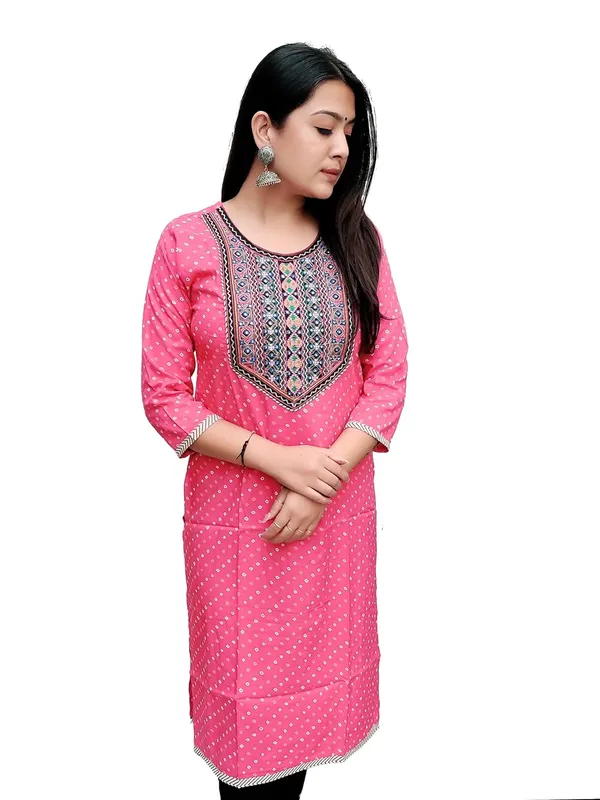 Pink_Premium_Bandhani_Straight_Long_Kurti_For_Women