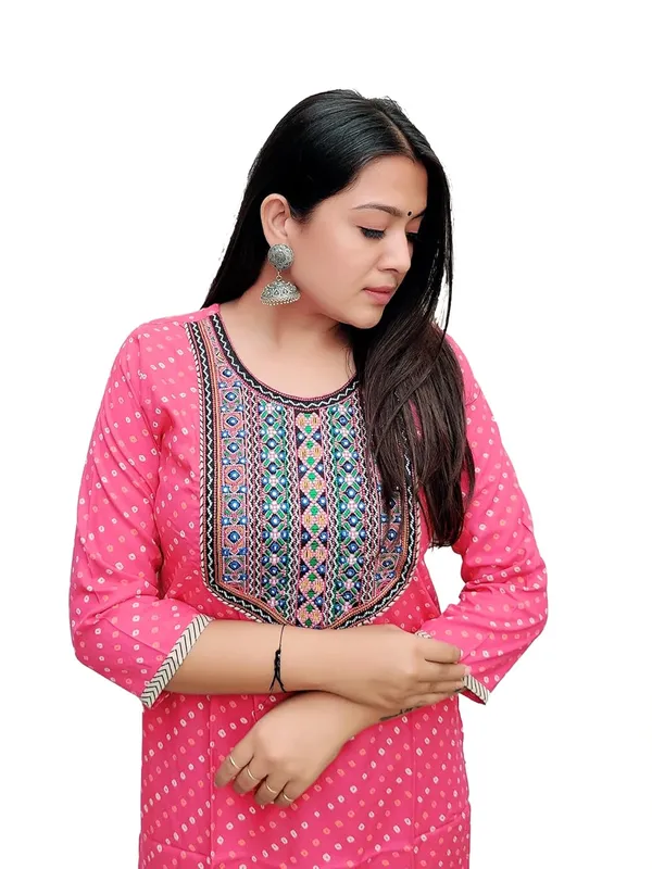 Pink_Premium_Bandhani_Straight_Long_Kurti_For_Women