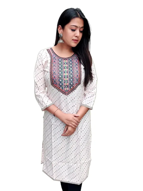 White_Premium_Bandhani_Straight_Long_Kurti_For_Women