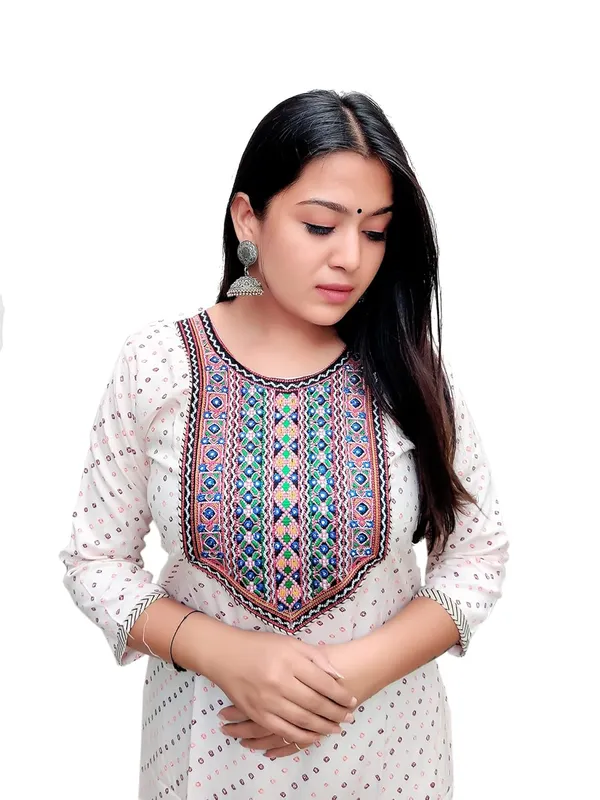 White_Premium_Bandhani_Straight_Long_Kurti_For_Women