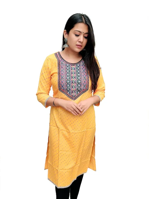 Yellow_Premium_Bandhani_Straight_Long_Kurti_For_Women