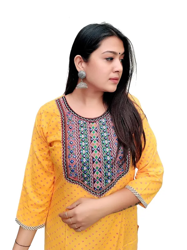 Yellow_Premium_Bandhani_Straight_Long_Kurti_For_Women