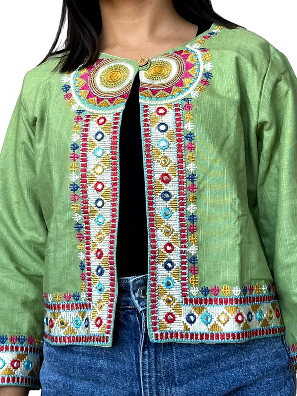 Green_Premium_Embroiderd_Ethnic_Shrug_Or_Jacket_|_Special_Embroidered_Cotton_Koti/_Jacket/_Waist_Coat