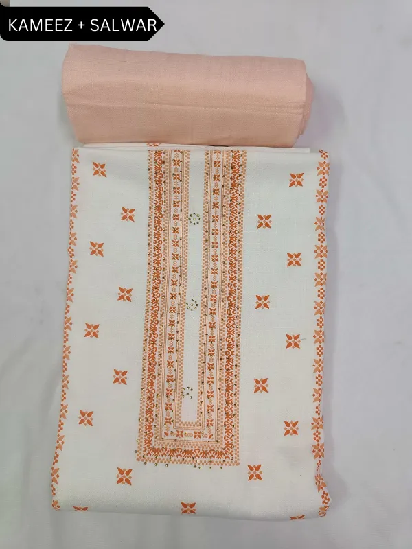 White_&_Orange_Indo_Cotton_Printed_Unstitched_Dress_Material