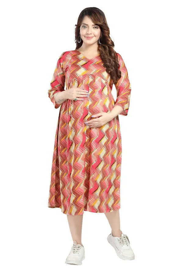 Diaognel_Print_Front_Plit_3/4_Sleeves_Rayon_Maternity_Dress
