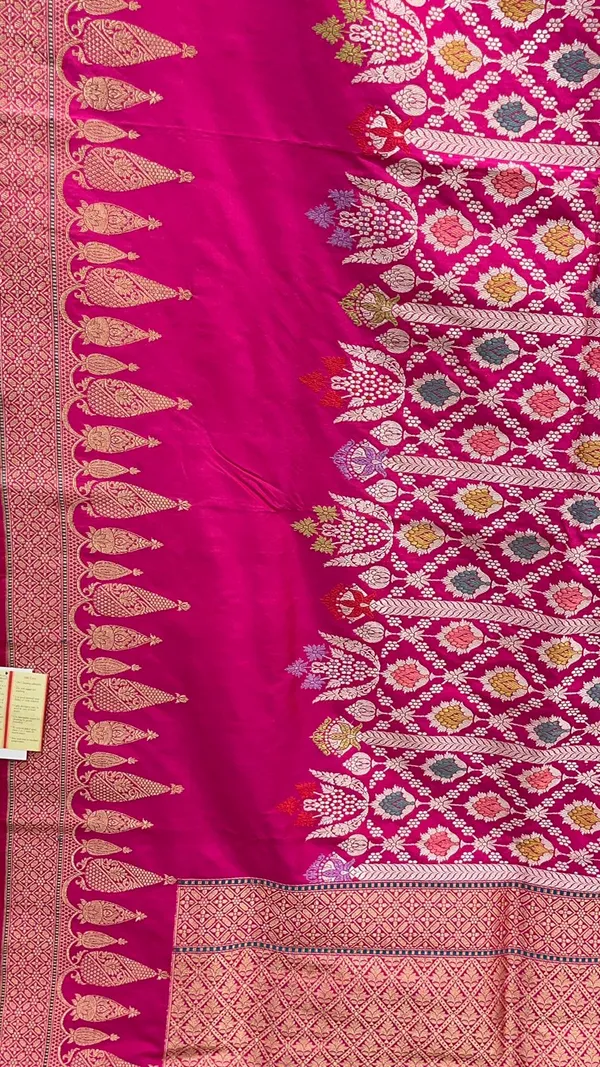 Humairah_Pure_Handloom_Pink_Katan_Silk_Kadhwa_Meenakari_Stripe_Zari_Jaal_with_Kadhwa_Zari_Border_&_Pallu_and_Pink_Stripe_Blouse