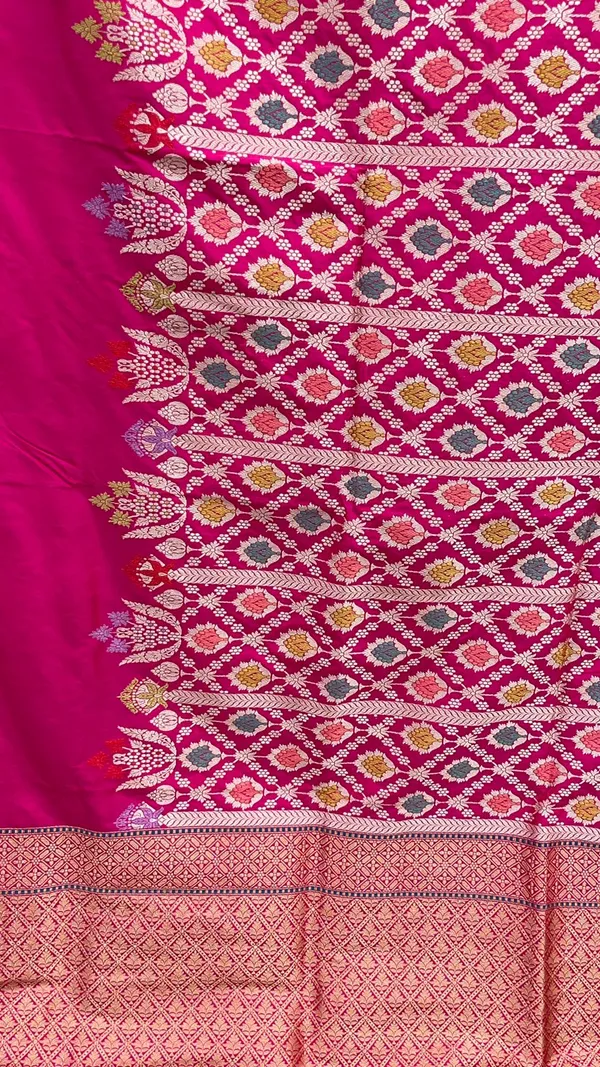 Humairah_Pure_Handloom_Pink_Katan_Silk_Kadhwa_Meenakari_Stripe_Zari_Jaal_with_Kadhwa_Zari_Border_&_Pallu_and_Pink_Stripe_Blouse